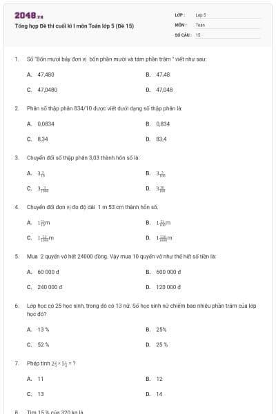 Tổng hợp Đề thi cuối kì I môn Toán lớp 5 (Đề 15)