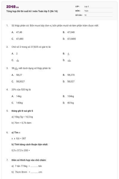 Tổng hợp Đề thi cuối kì I môn Toán lớp 5 (Đề 16)