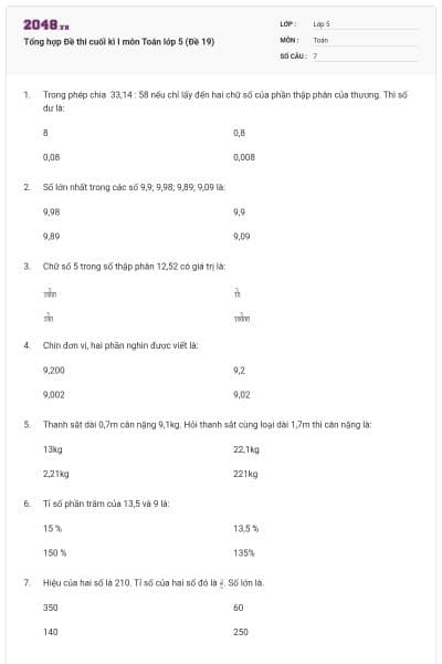 Tổng hợp Đề thi cuối kì I môn Toán lớp 5 (Đề 19)