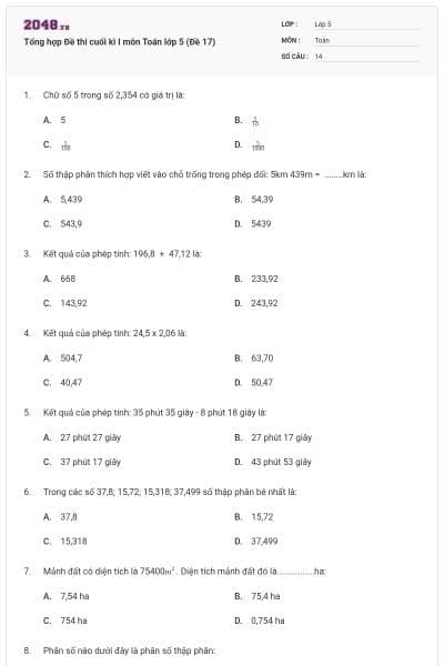Tổng hợp Đề thi cuối kì I môn Toán lớp 5 (Đề 17)