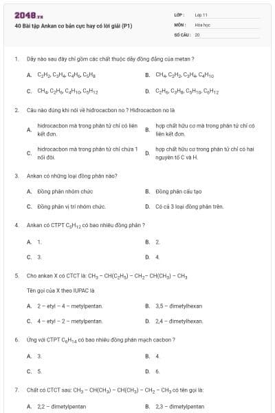 40 Bài tập Ankan cơ bản cực hay có lời giải (P1)