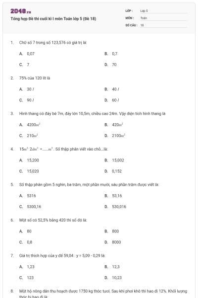 Tổng hợp Đề thi cuối kì I môn Toán lớp 5 (Đề 18)