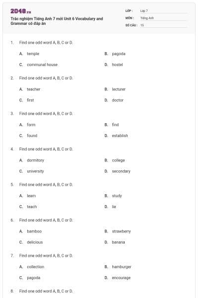 Trắc nghiệm Tiếng Anh 7 mới Unit 6 Vocabulary and Grammar có đáp án