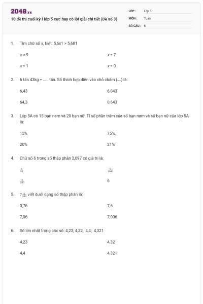 10 đề thi cuối kỳ I lớp 5 cực hay có lời giải chi tiết (Đề số 3)