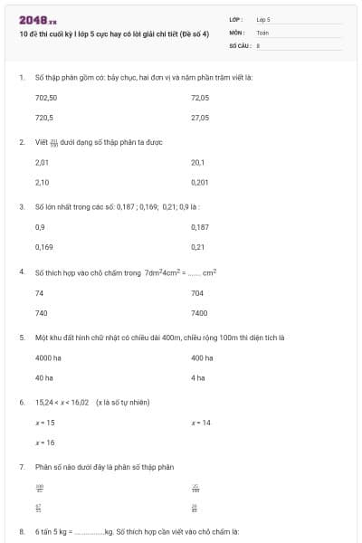 10 đề thi cuối kỳ I lớp 5 cực hay có lời giải chi tiết (Đề số 4)