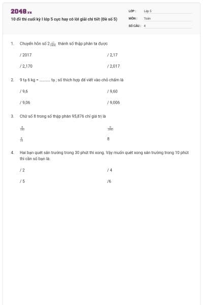 10 đề thi cuối kỳ I lớp 5 cực hay có lời giải chi tiết (Đề số 5)