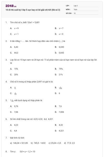 10 đề thi cuối kỳ I lớp 5 cực hay có lời giải chi tiết (Đề số 3)