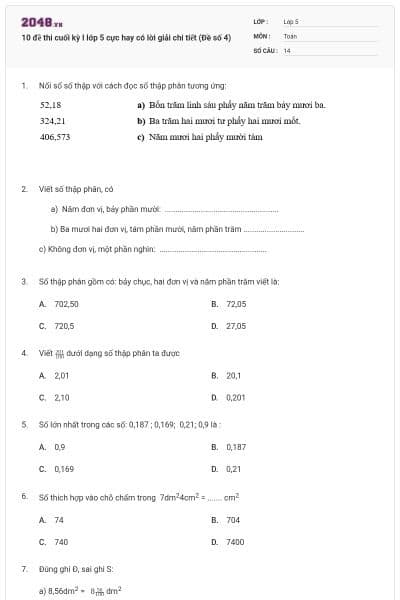 10 đề thi cuối kỳ I lớp 5 cực hay có lời giải chi tiết (Đề số 4)