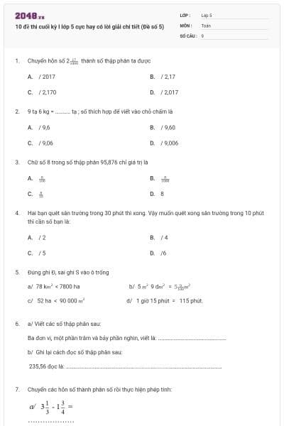 10 đề thi cuối kỳ I lớp 5 cực hay có lời giải chi tiết (Đề số 5)