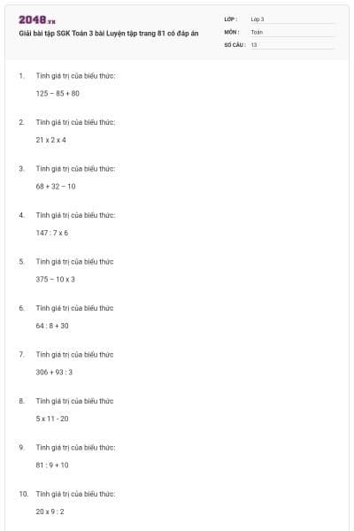 Giải bài tập SGK Toán 3 bài Luyện tập trang 81 có đáp án