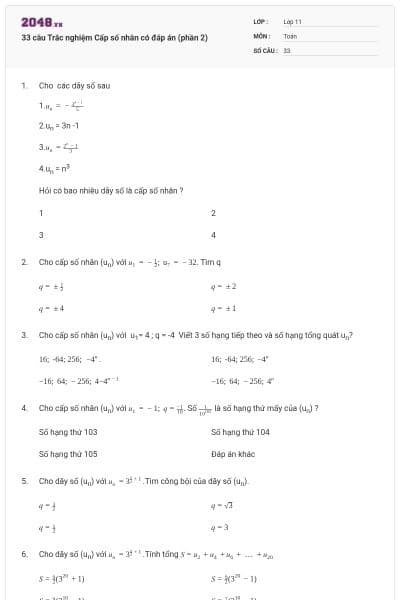 33 câu Trắc nghiệm Cấp số nhân có đáp án (phần 2)