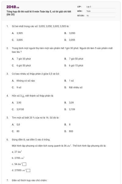 Tổng hợp đề thi cuối kì II môn Toán lớp 5, có lời giải chi tiết (Đề 20)