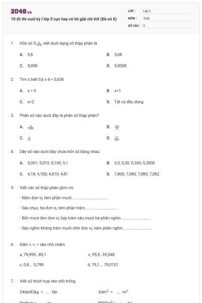 10 đề thi cuối kỳ I lớp 5 cực hay có lời giải chi tiết (Đề số 6)