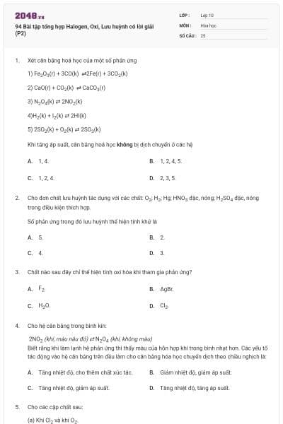 94 Bài tập tổng hợp Halogen, Oxi, Lưu huỳnh có lời giải (P2)