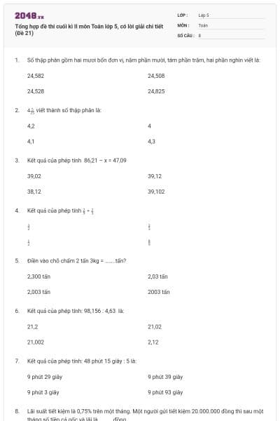 Tổng hợp đề thi cuối kì II môn Toán lớp 5, có lời giải chi tiết (Đề 21)