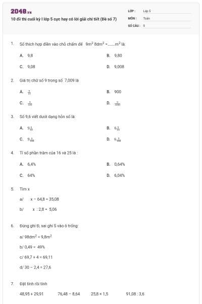 10 đề thi cuối kỳ I lớp 5 cực hay có lời giải chi tiết (Đề số 7)