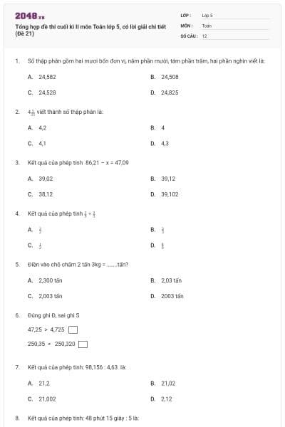 Tổng hợp đề thi cuối kì II môn Toán lớp 5, có lời giải chi tiết (Đề 21)