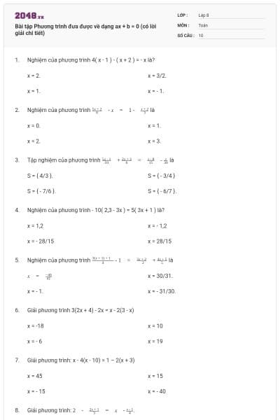 Bài tập Phương trình đưa được về dạng ax + b = 0 (có lời giải chi tiết)