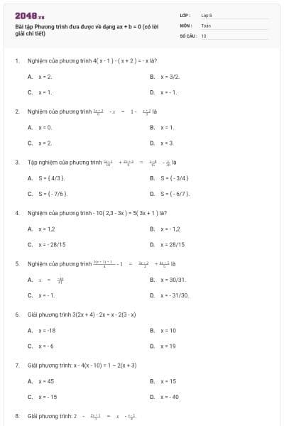 Bài tập Phương trình đưa được về dạng ax + b = 0 (có lời giải chi tiết)