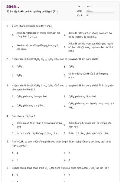 50 Bài tập Ankin cơ bản cực hay có lời giải (P1)