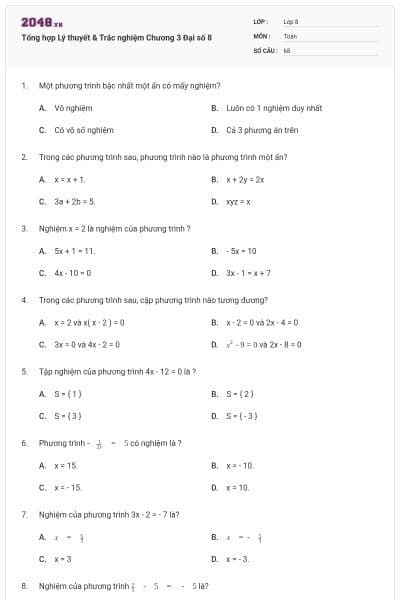 Tổng hợp Lý thuyết & Trắc nghiệm Chương 3 Đại số 8