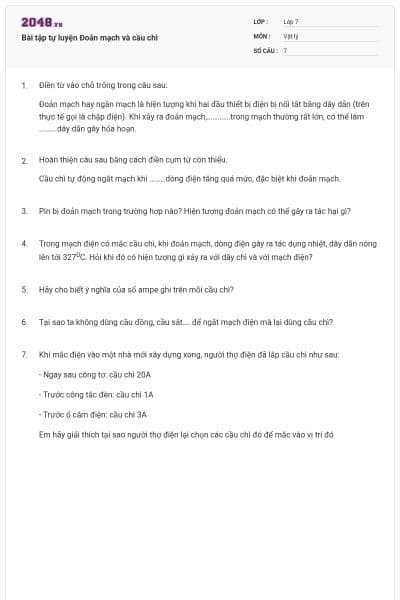 Bài tập tự luyện Đoản mạch và cầu chì