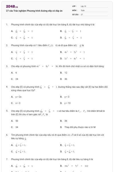 27 câu  Trắc nghiệm Phương trình đường elip có đáp án