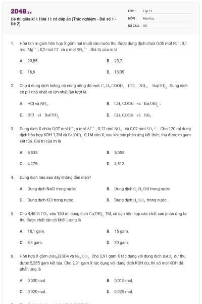 Đề thi giữa kì 1  Hóa 11 có đáp án (Trắc nghiệm - Bài số 1 - Đề 2)