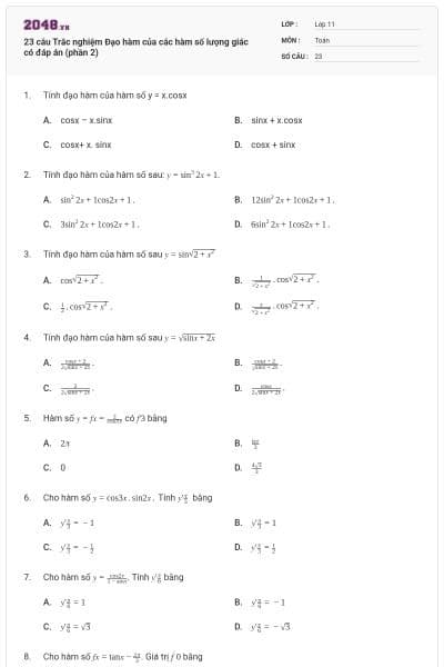 23 câu Trắc nghiệm Đạo hàm của các hàm số lượng giác có đáp án (phần 2)