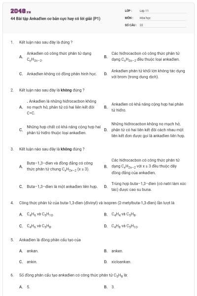 44 Bài tập Ankađien cơ bản cực hay có lời giải (P1)