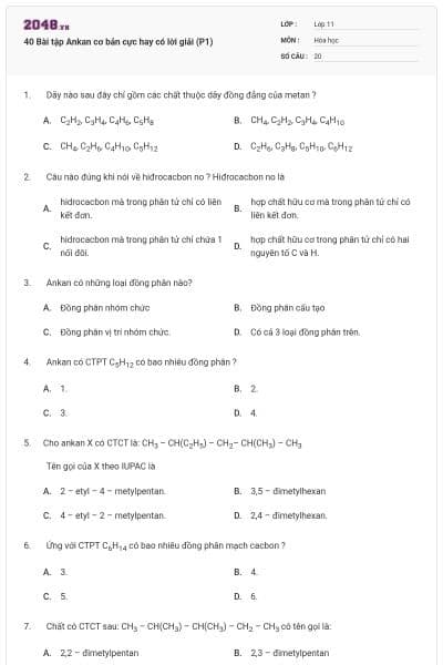40 Bài tập Ankan cơ bản cực hay có lời giải (P1)