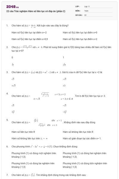 22 câu Trắc nghiệm Hàm số liên tục có đáp án (phần 2)