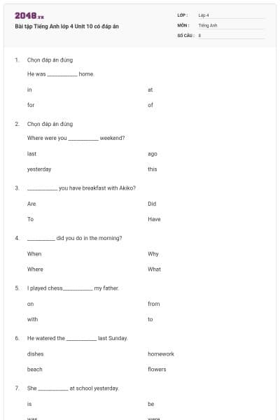 Bài tập Tiếng Anh lớp 4 Unit 10 có đáp án