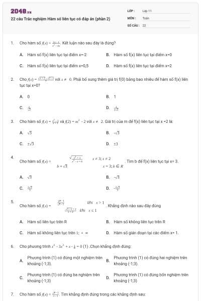 22 câu Trắc nghiệm Hàm số liên tục có đáp án (phần 2)