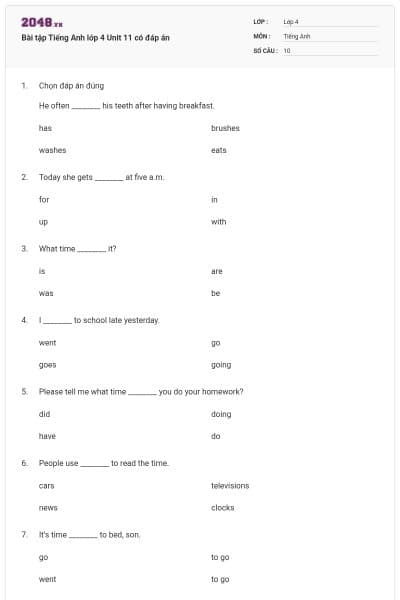 Bài tập Tiếng Anh lớp 4 Unit 11 có đáp án