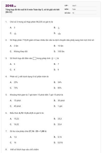 Tổng hợp đề thi cuối kì II môn Toán lớp 5, có lời giải chi tiết (Đề 22)