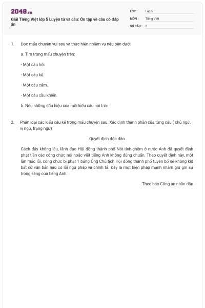 Giải Tiếng Việt lớp 5 Luyện từ và câu: Ôn tập về câu có đáp án