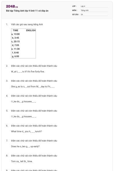 Bài tập Tiếng Anh lớp 4 Unit 11 có đáp án