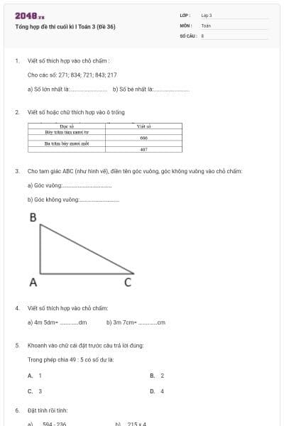 Tổng hợp đề thi cuối kì I Toán 3 (Đề 36)