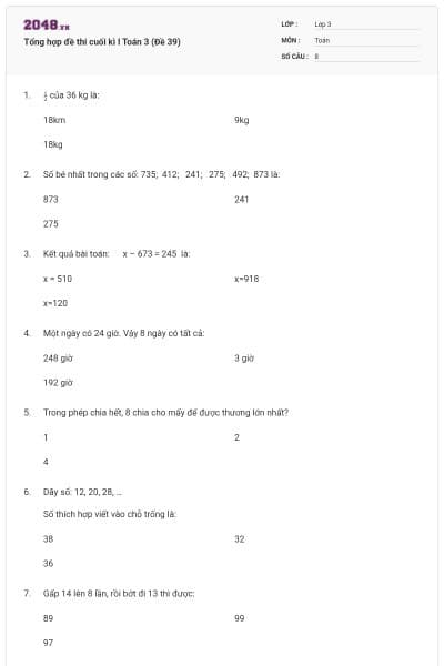Tổng hợp đề thi cuối kì I Toán 3 (Đề 39)