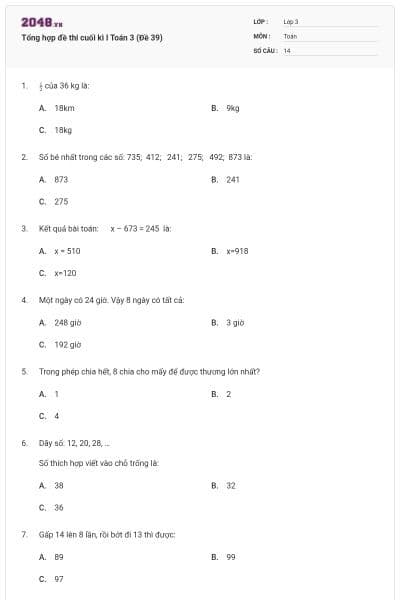 Tổng hợp đề thi cuối kì I Toán 3 (Đề 39)