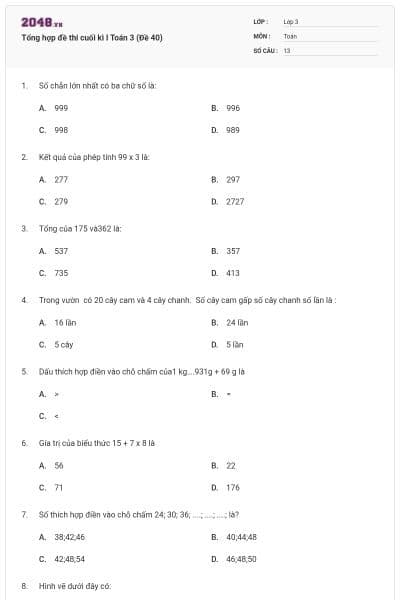 Tổng hợp đề thi cuối kì I Toán 3 (Đề 40)