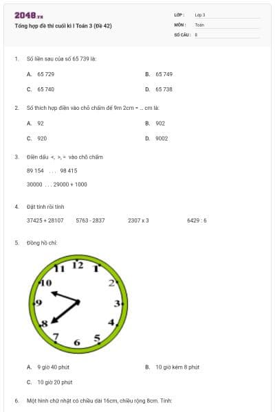 Tổng hợp đề thi cuối kì I Toán 3 (Đề 42)