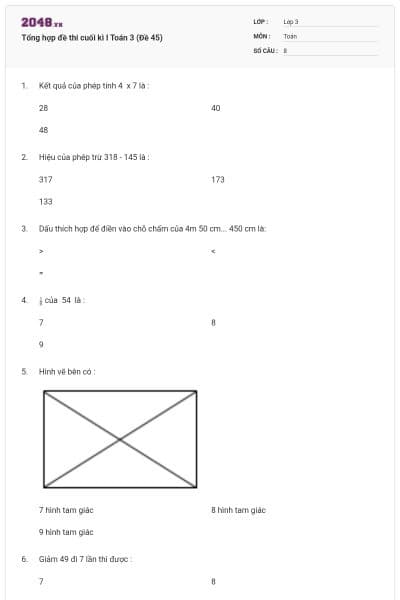 Tổng hợp đề thi cuối kì I Toán 3 (Đề 45)