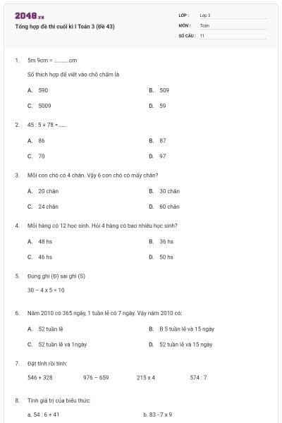 Tổng hợp đề thi cuối kì I Toán 3 (Đề 43)