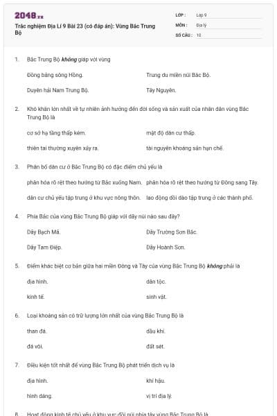 Trắc nghiệm Địa Lí 9 Bài 23 (có đáp án): Vùng Bắc Trung Bộ