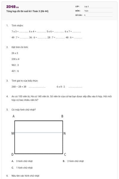 Tổng hợp đề thi cuối kì I Toán 3 (Đề 44)
