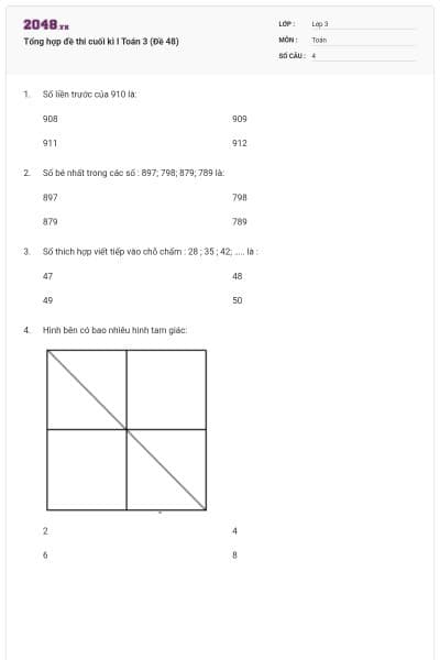 Tổng hợp đề thi cuối kì I Toán 3 (Đề 48)