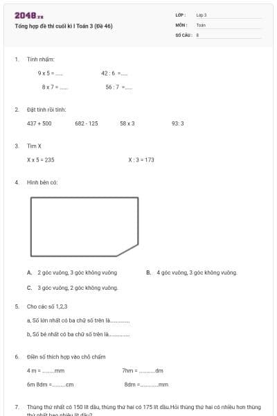 Tổng hợp đề thi cuối kì I Toán 3 (Đề 46)