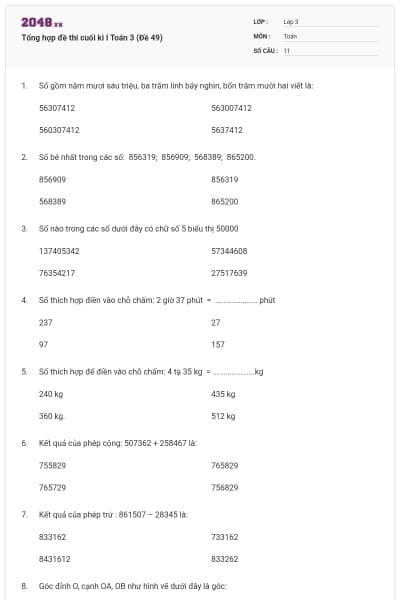 Tổng hợp đề thi cuối kì I Toán 3 (Đề 49)